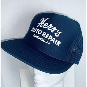 Herrs Auto Repair Edinburg PA Navy Blue Cap Mesh Trucker Speedway SnapBack GUC